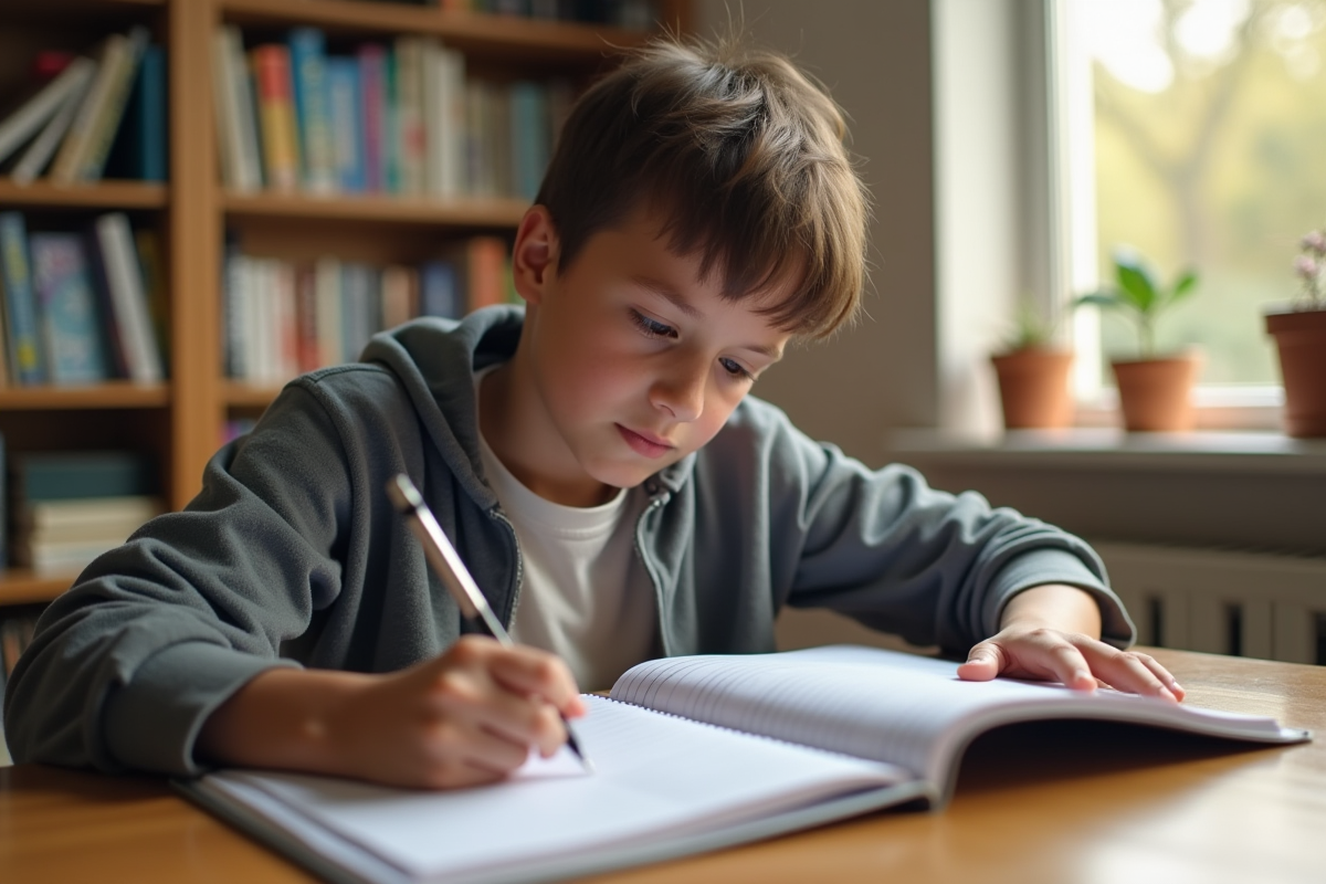Etudiant au bureau vérifiant notes sur une tablette numérique
