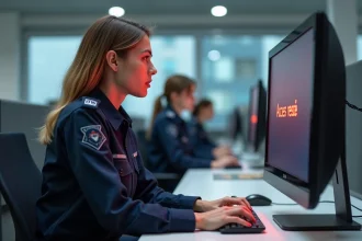 Agente de police en uniforme faisant face à un message d'erreur accès refusé sur un ordinateur du portail eCampus Police