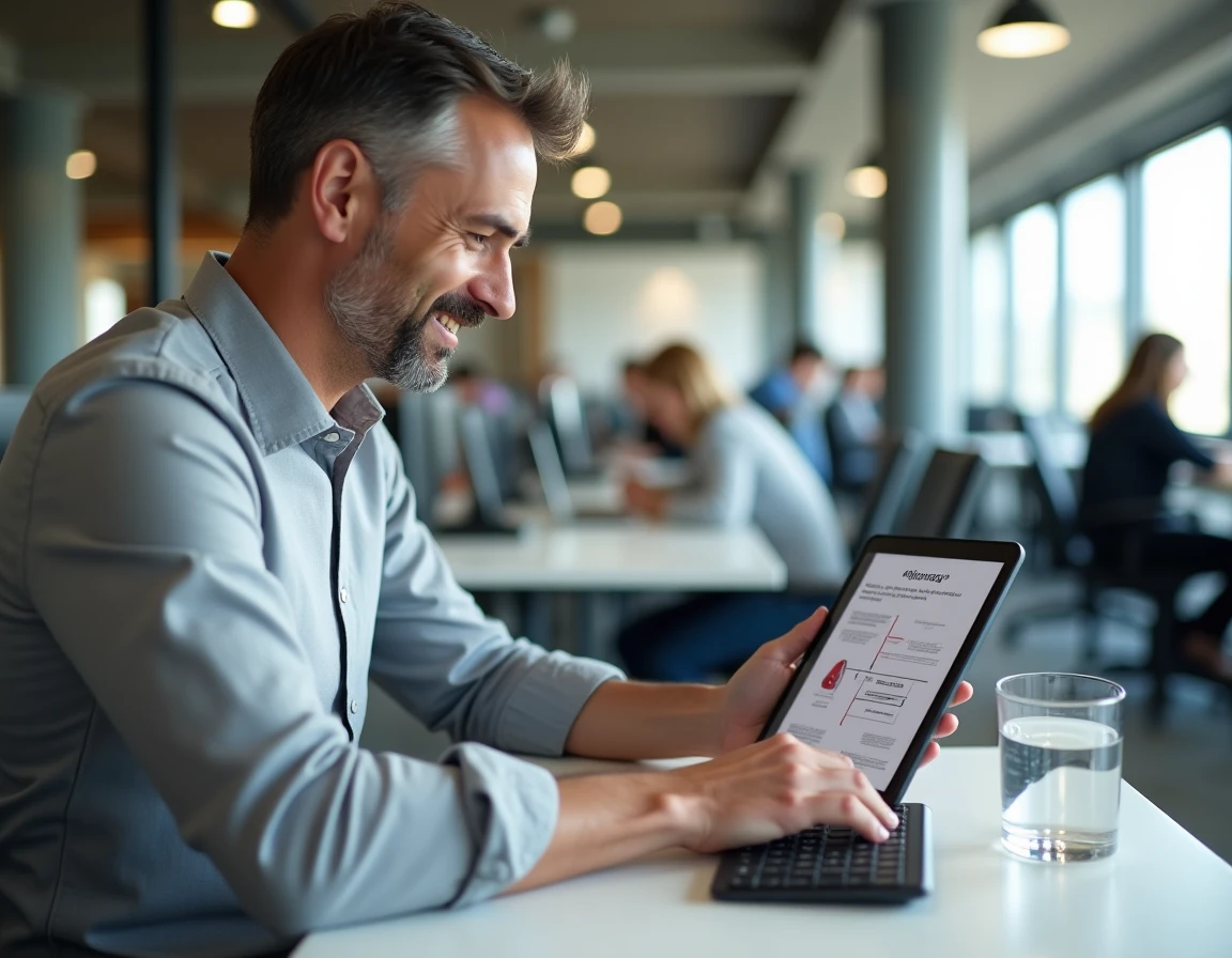 Homme en formation professionnelle à distance sur tablette dans un espace de coworking moderne avec modules d'apprentissage étape par étape