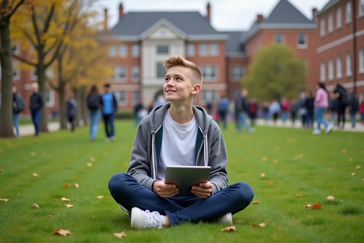 Adolescent en hoodie utilisant une tablette dans un parc universitaire