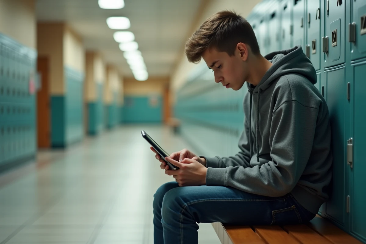 Adolescent en hoodie utilisant une tablette dans le couloir du lycée
