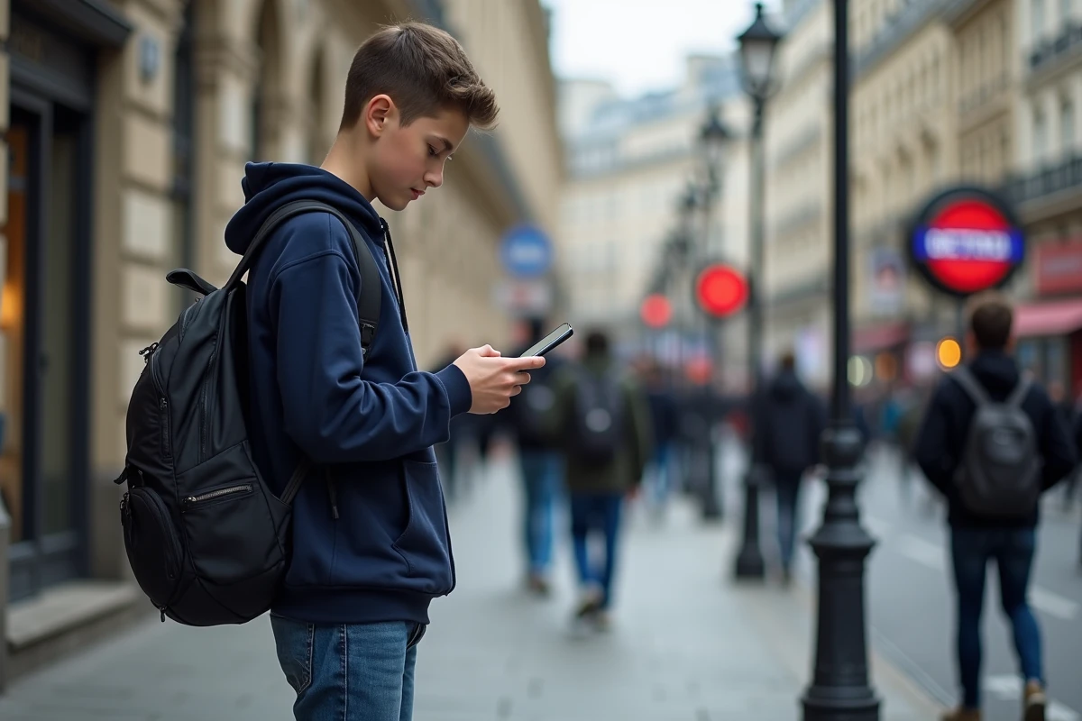 Adolescent utilisant smartphone dans une rue parisienne animée