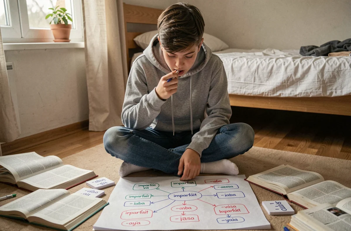 Adolescent révisant l'imparfait espagnol avec des flashcards et une carte mentale posées sur le sol de sa chambre