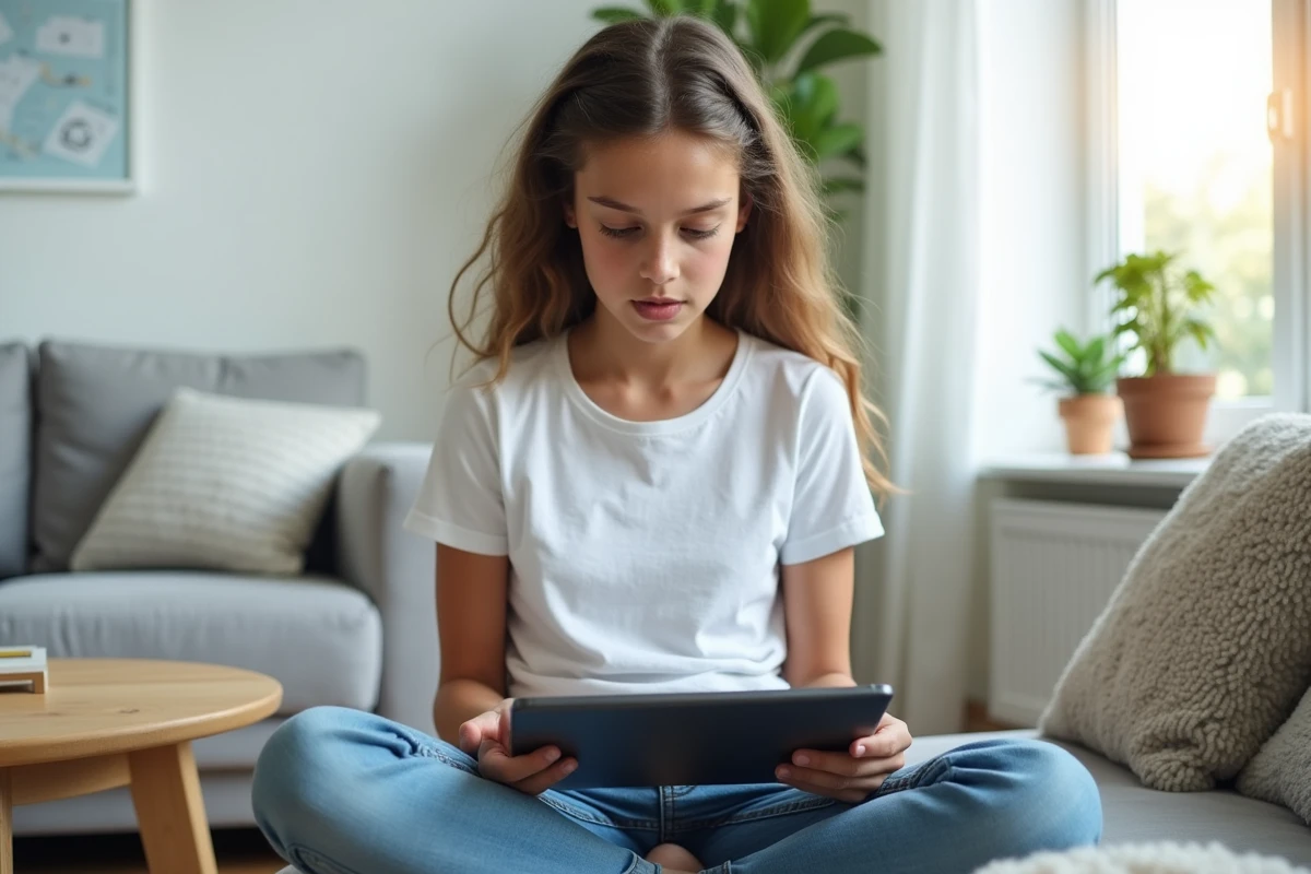 Adolescente s'entraînant au code de la route sur une tablette dans le salon familial