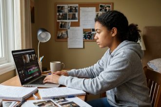 Adolescente passionnée de cinéma travaillant sur un projet de montage vidéo dans sa chambre, entourée de notes et de références visuelles pour se préparer aux métiers de l'entertainment