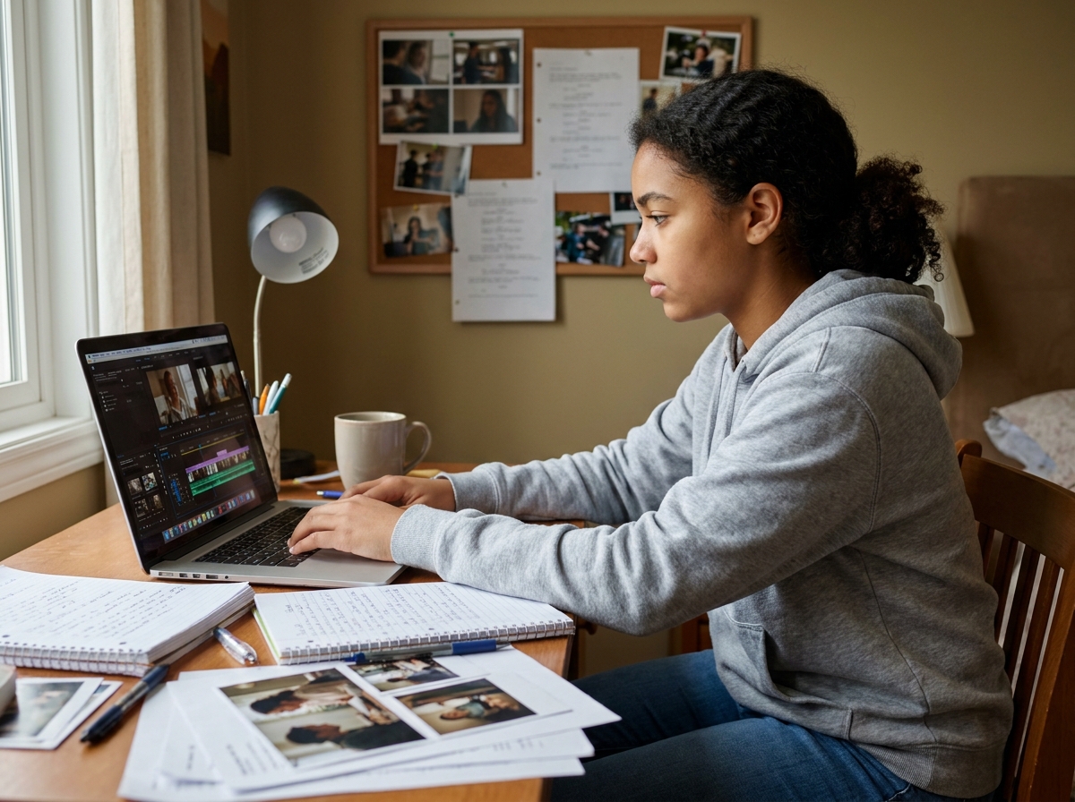 Adolescente passionnée de cinéma travaillant sur un projet de montage vidéo dans sa chambre, entourée de notes et de références visuelles pour se préparer aux métiers de l'entertainment