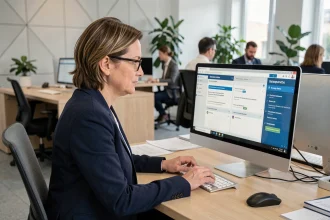 Agent administratif consultant le portail Esterel Académie Aix Marseille sur son ordinateur de bureau