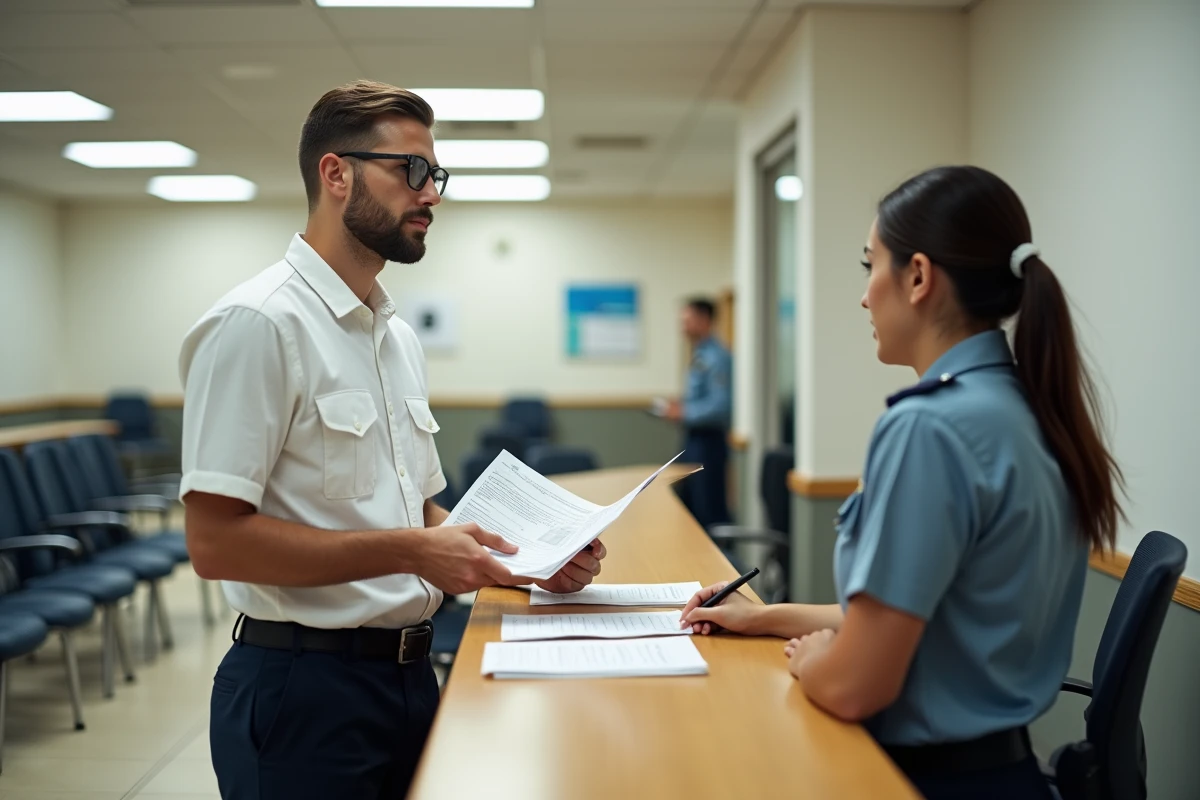 Étudiant en école de police demandant de l'aide à un agent d'accueil administratif pour un problème de connexion eCampus