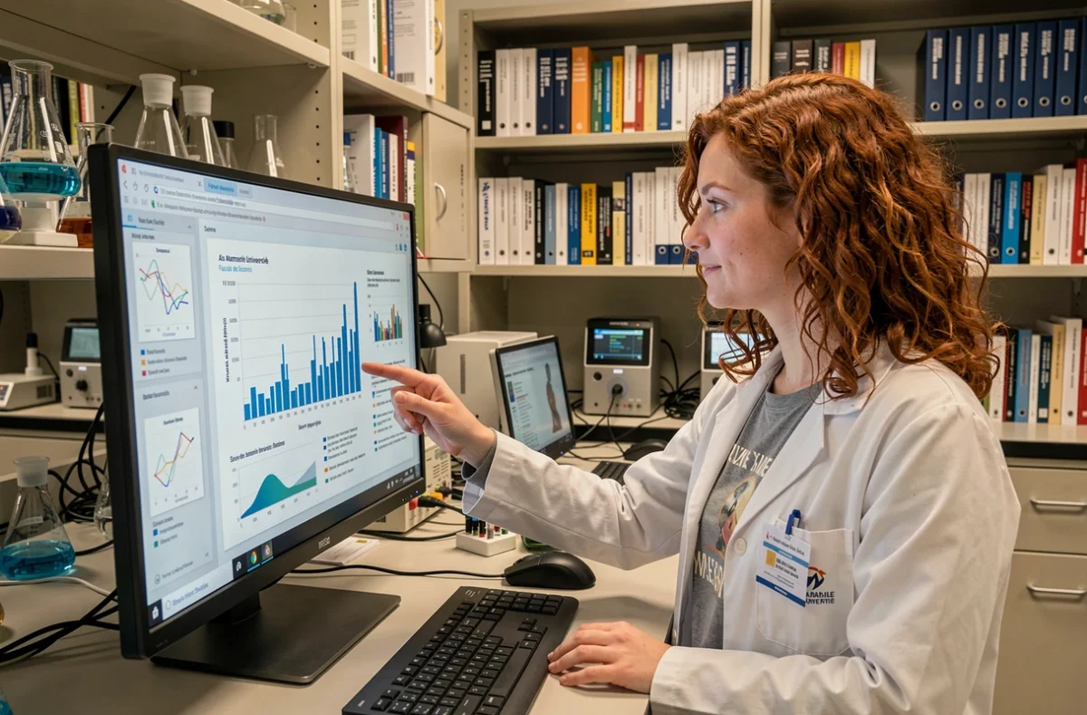 Étudiante analysant des données informatiques dans un laboratoire de la Faculté des Sciences d'Aix-Marseille Université