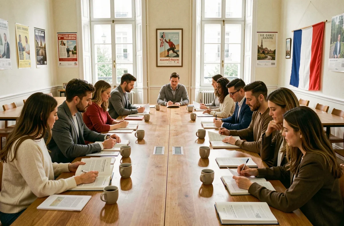 Groupe d'adultes étudiant le français langue étrangère dans une salle de l'Alliance Française Aix-Marseille Provence