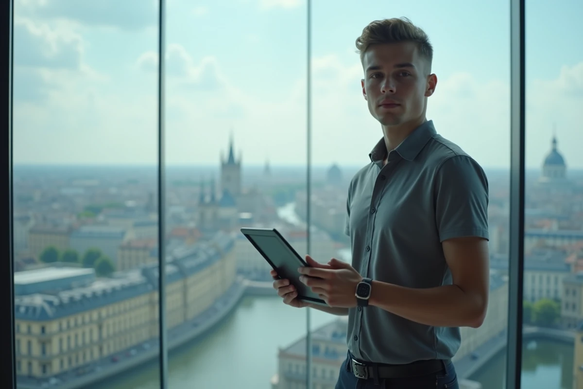 Jeune alternant en marketing digital debout dans un espace de coworking avec vue sur Bordeaux