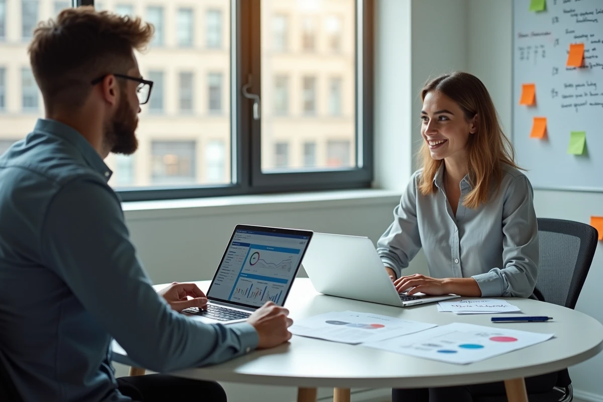 Deux alternants en marketing collaborant sur une étude de salaire en alternance dans une salle de réunion