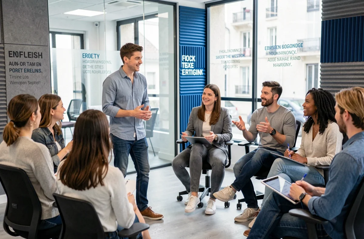Instructeur animant un cours d'anglais dynamique à l'American Center de Marseille avec des étudiants de nationalités variées