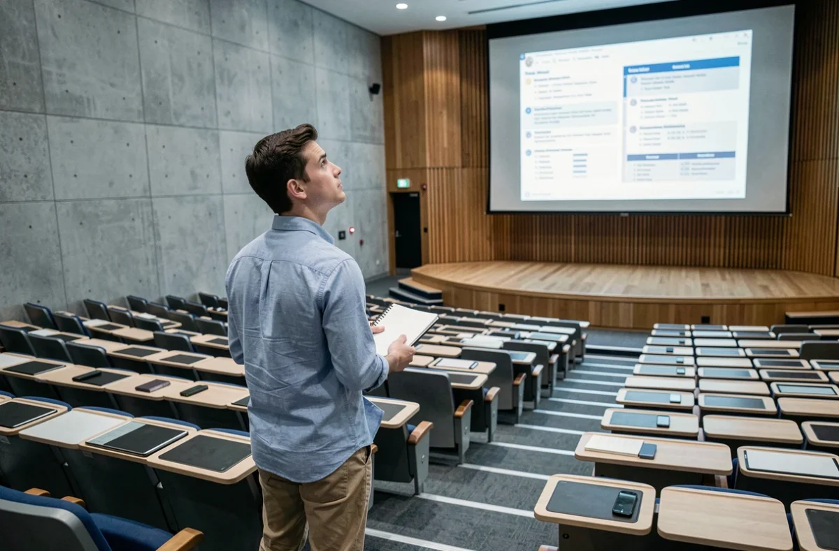 Étudiant debout dans un grand amphithéâtre universitaire regardant un écran de projection lors d'un cours magistral