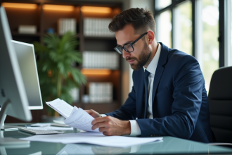 Analyste financier homme en bureau moderne en train d'étudier des rapports