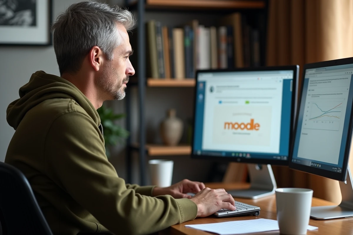 Apprenant adulte en formation à distance sur Moodle Greta depuis son bureau à domicile avec double écran