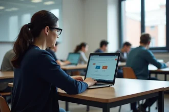 Apprenante adulte utilisant la plateforme Moodle Greta sur un ordinateur portable dans une salle de formation en centre Greta