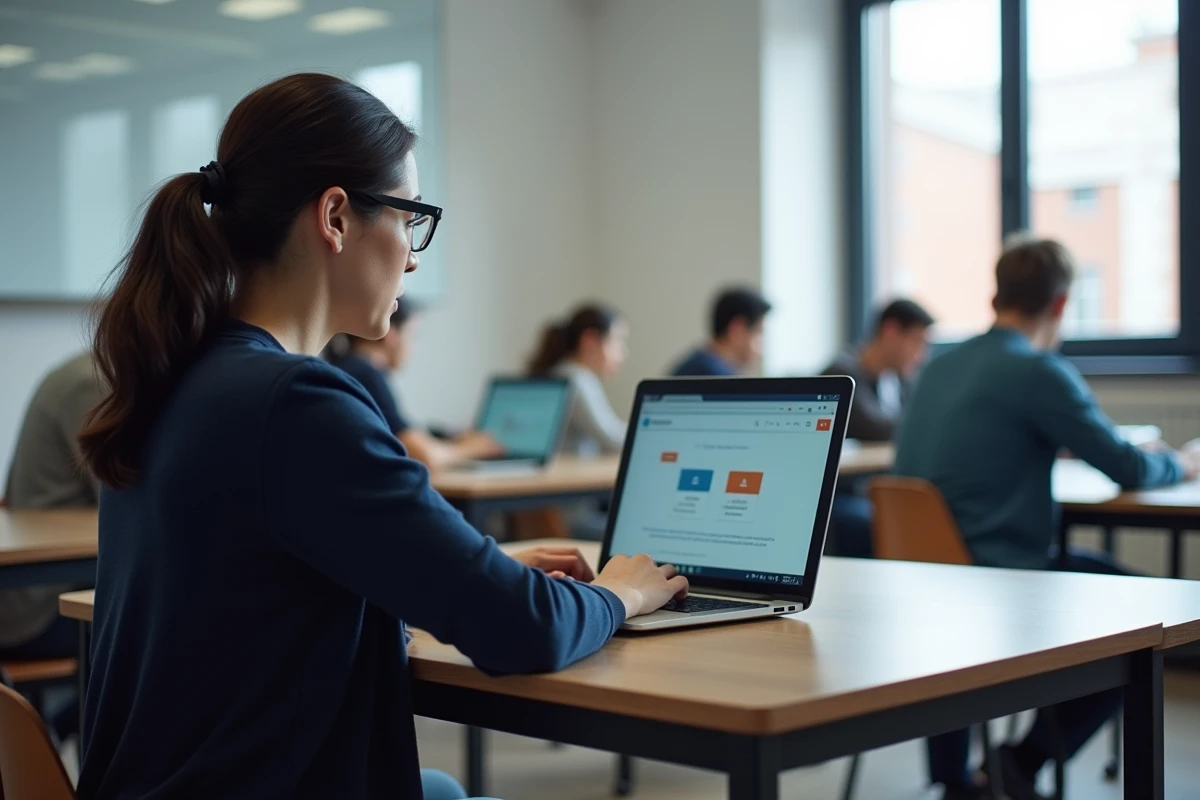 Apprenante adulte utilisant la plateforme Moodle Greta sur un ordinateur portable dans une salle de formation en centre Greta