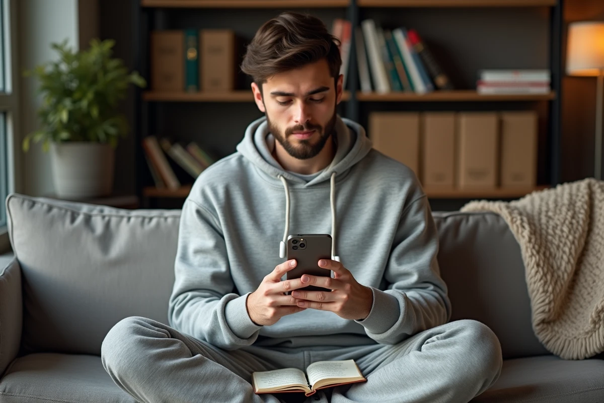 Jeune homme apprenant l'espagnol au futur via une application mobile depuis son appartement