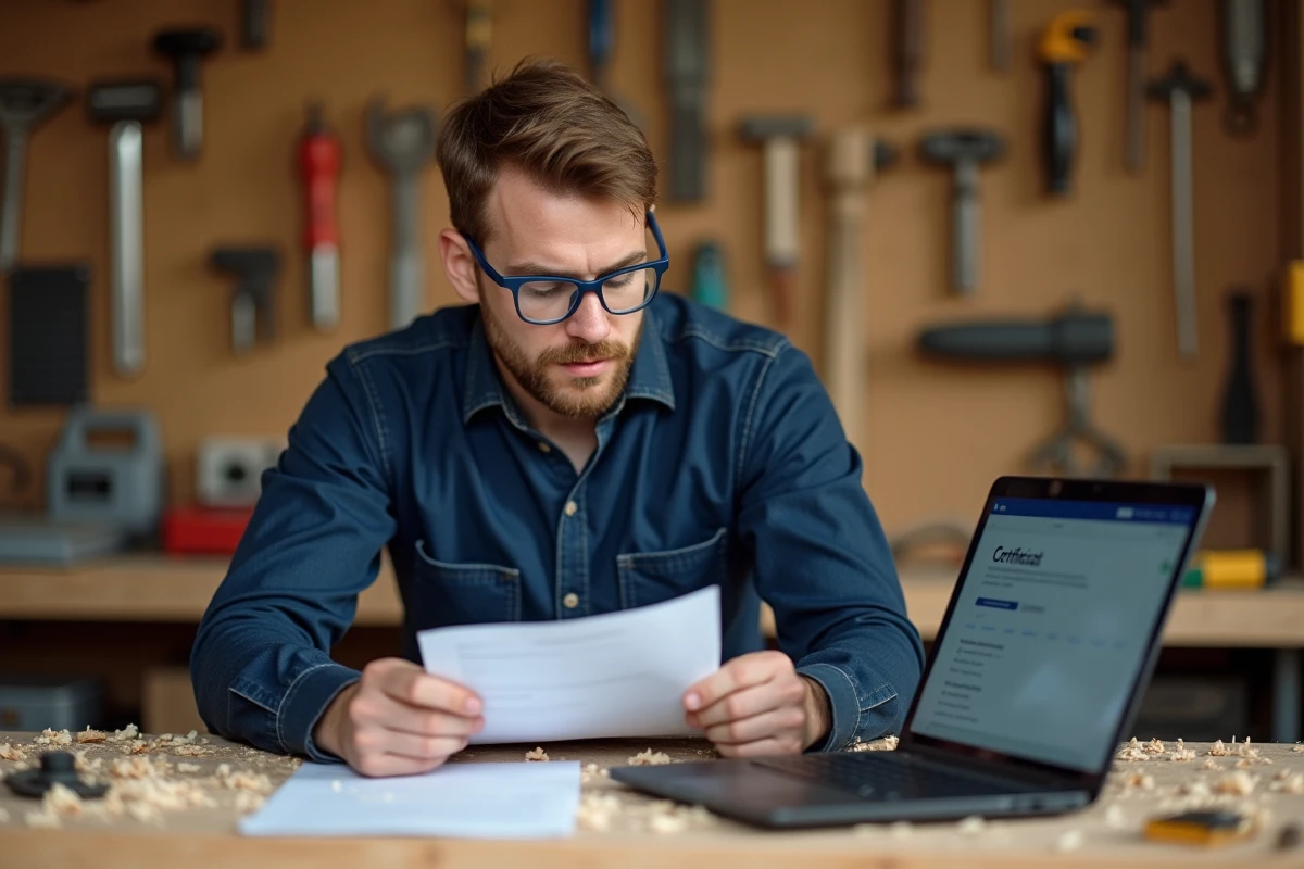 Artisan en atelier consultant un document de certification CPF pour une formation bricolage en ligne