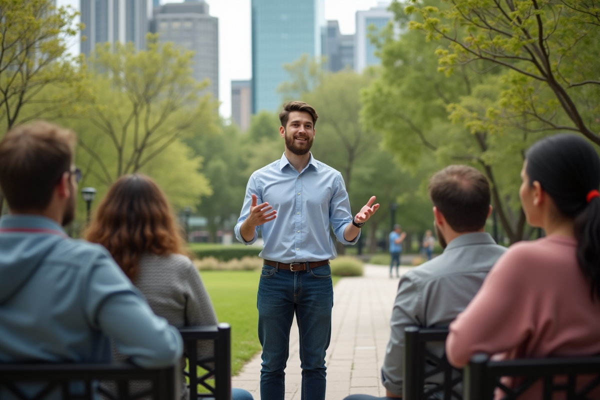 Jeune coach en extérieur anime un atelier urbain