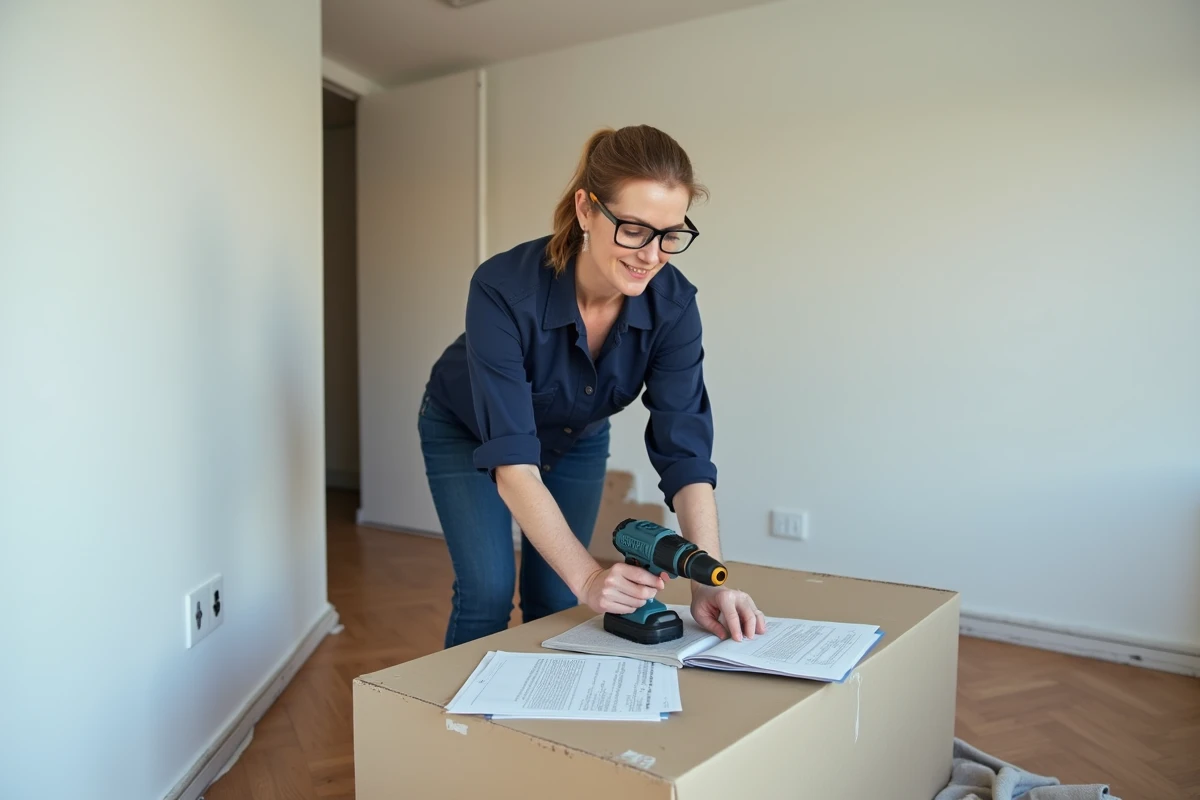 Femme autonome utilisant une perceuse sans fil pour monter un meuble chez elle, symbolisant l'autonomie en bricolage acquise via une formation CPF