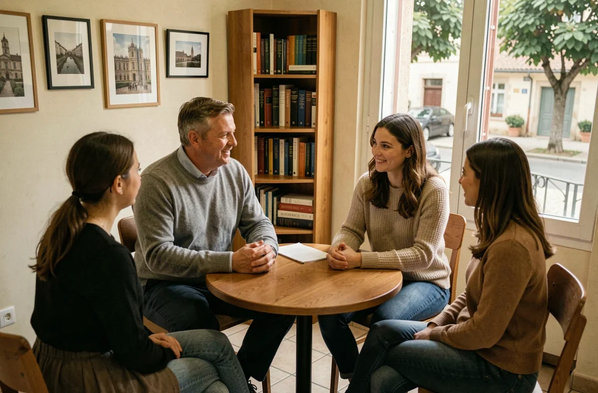 Enseignant britannique en séance de cours d'anglais avec des étudiants adultes au British American Institute d'Aix-en-Provence