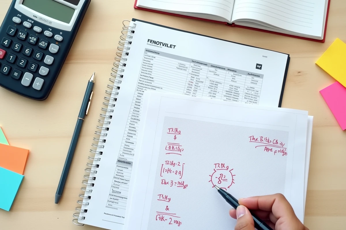 Vue aérienne d'un bureau étudiant avec bulletin de notes annoté, calculatrice et cahier de calcul de moyenne avec coefficient