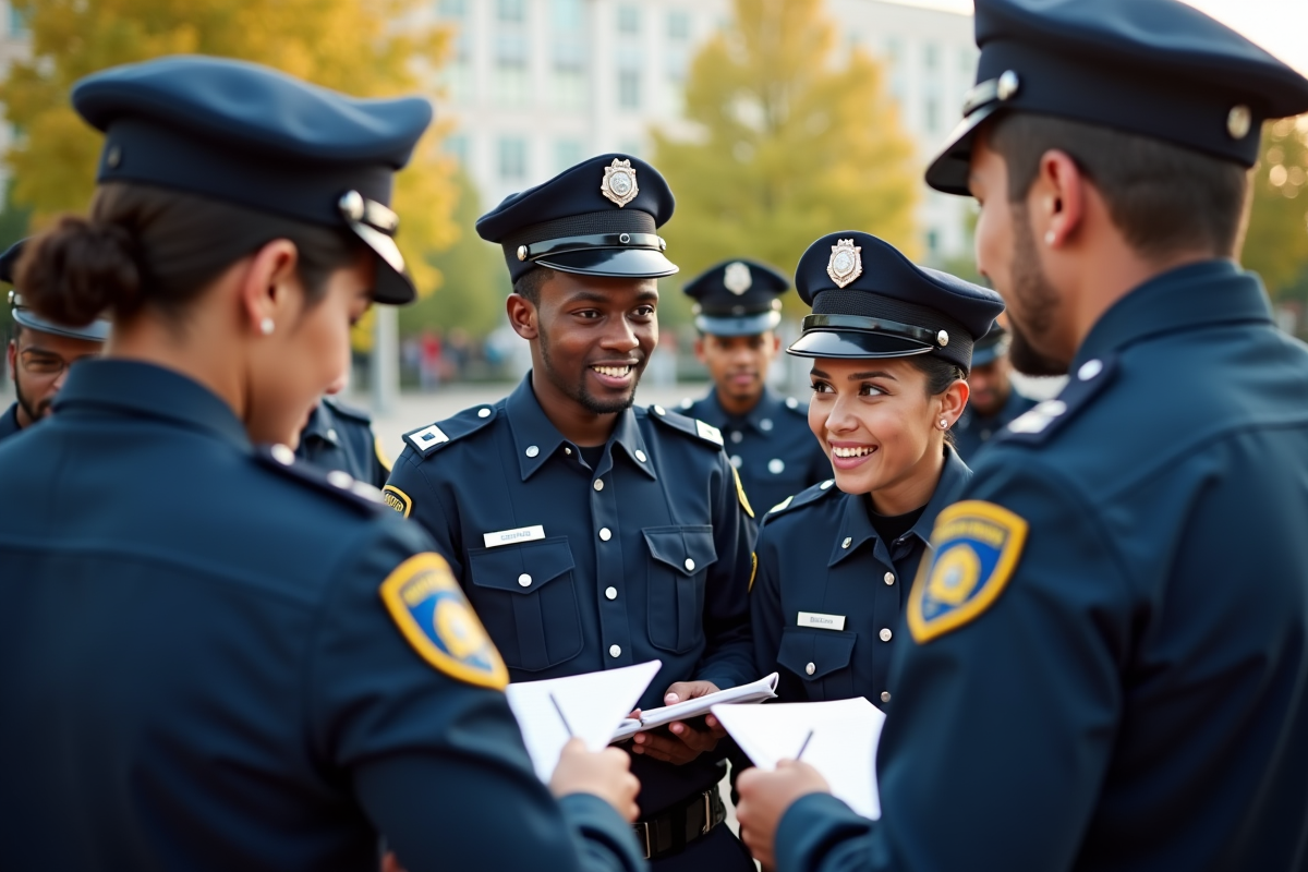 Groupe de cadets de police en uniforme étudiant ensemble en plein air