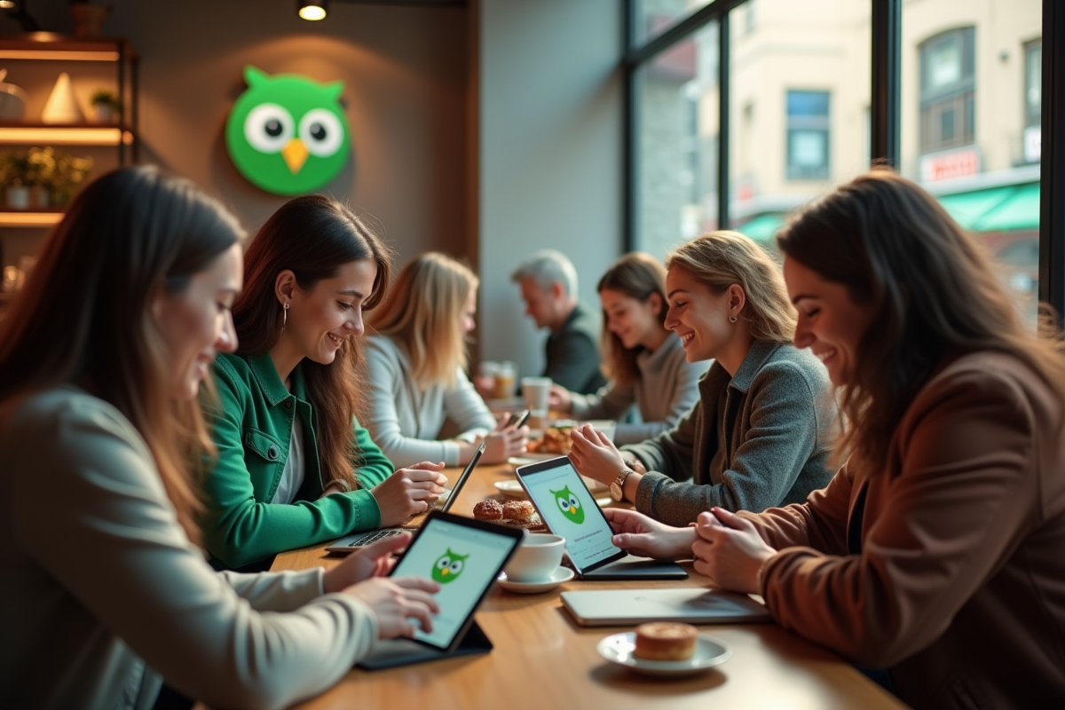 Groupe de personnes dans un café urbain utilisant Duolingo