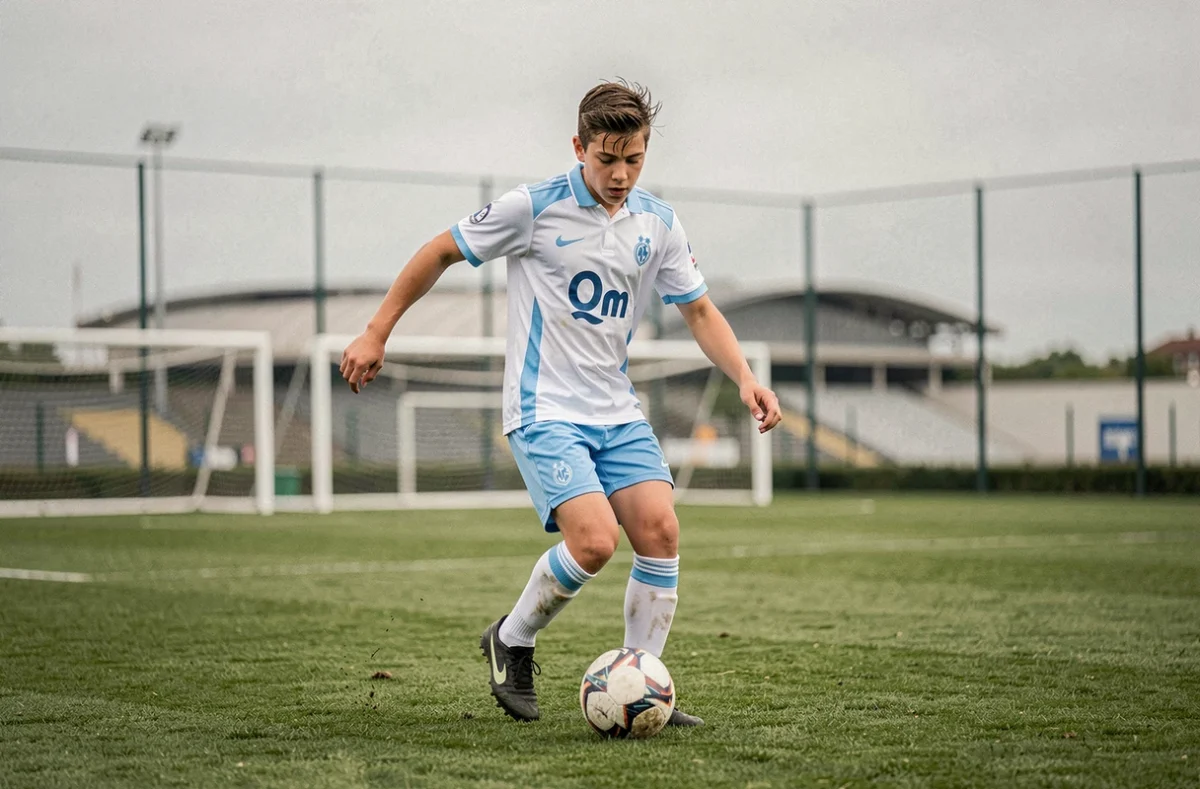 Jeune joueur de football en formation au centre d'entraînement de l'OM, dribblant sur un terrain professionnel