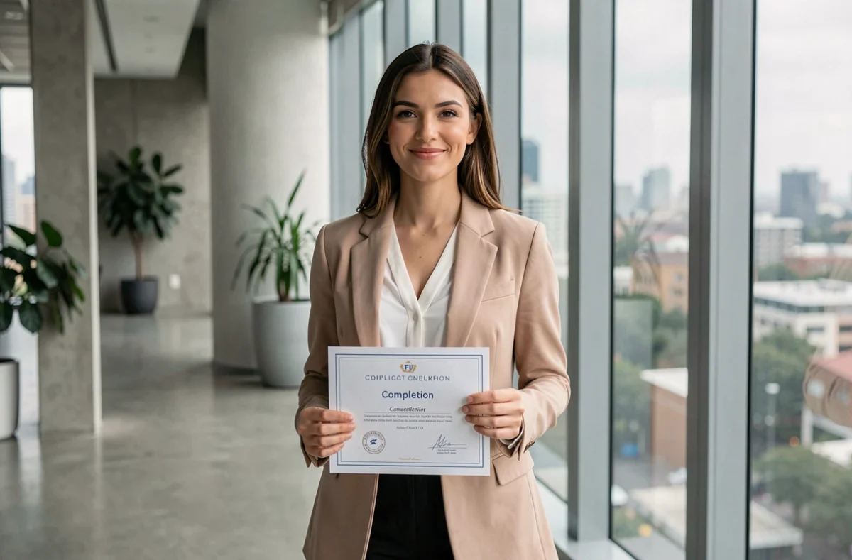 Jeune femme tenant un certificat de formation numérique complétée, symbolisant la réussite professionnelle grâce à l'Académie Tic et Tac