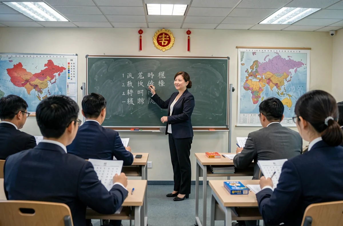 Enseignante de mandarin au tableau dans une salle de cours de Chinafi à Marseille, cours de chinois et échanges économiques