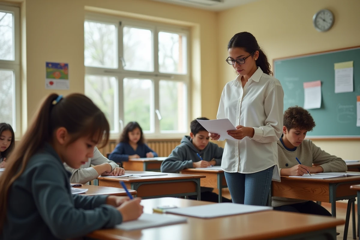 Classe spécialisée de type SEGPA ou ULIS dans un collège français, avec enseignante accompagnant des élèves en situation de handicap