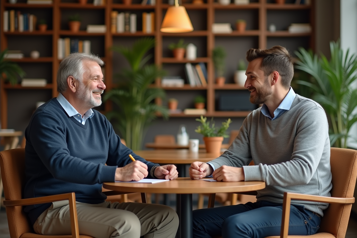 Coach homme en conversation avec un jeune homme dans un espace coworking