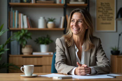 Coach femme souriante dans son bureau accueillant