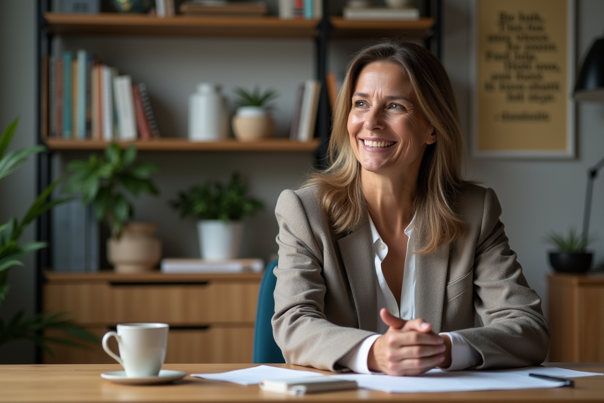 Coach femme souriante dans son bureau accueillant