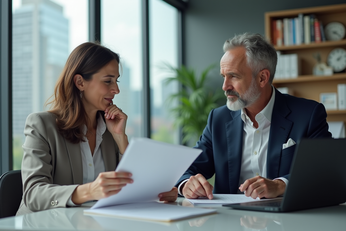 Femme en business casual discutant avec un coach dans un bureau moderne