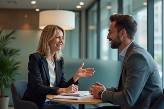 Coach femme écoute un jeune professionnel en réunion