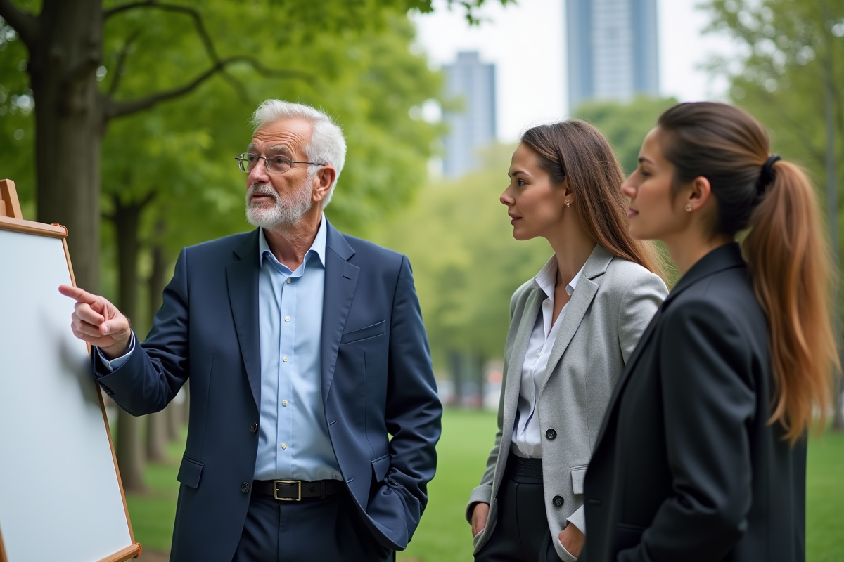 Coach homme guide un groupe en activité en plein air
