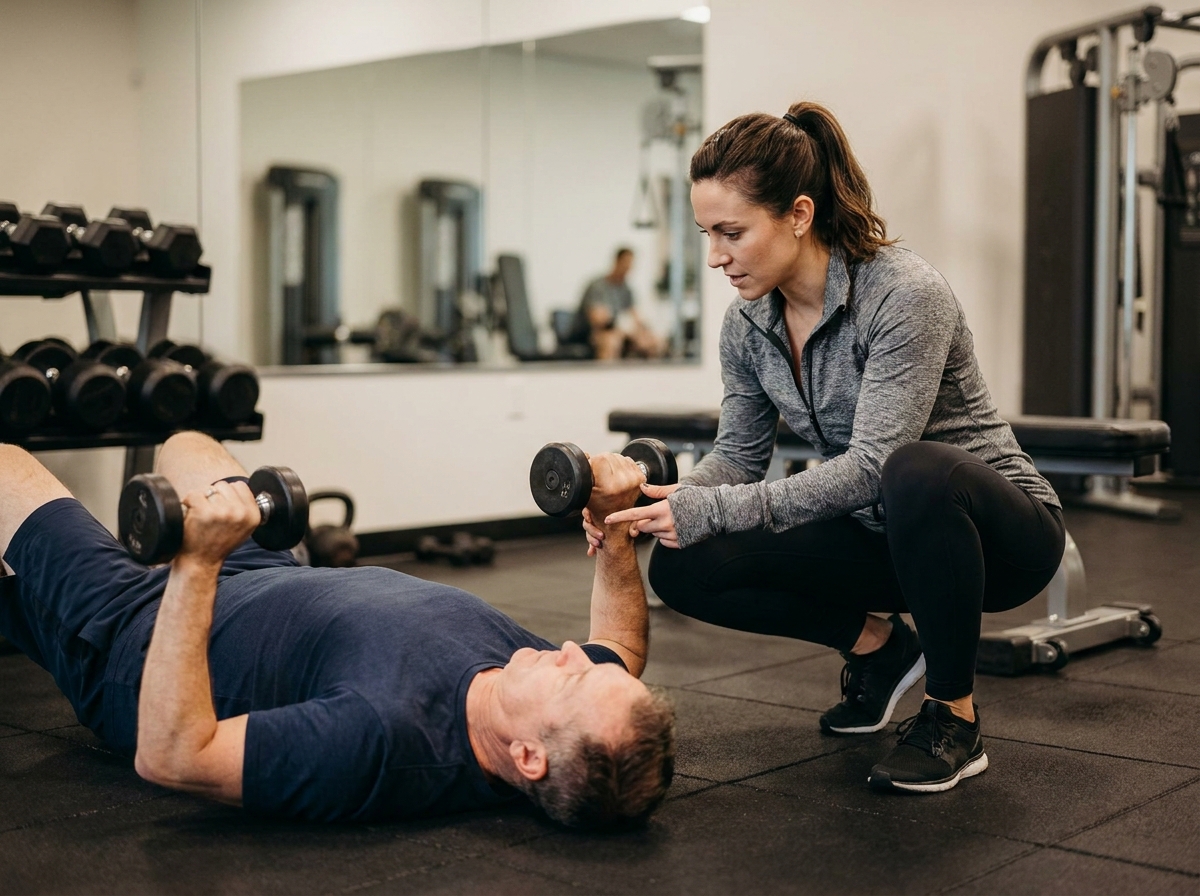 Coach personnelle supervisant un client lors d'une séance individuelle dans une salle de sport privée moderne