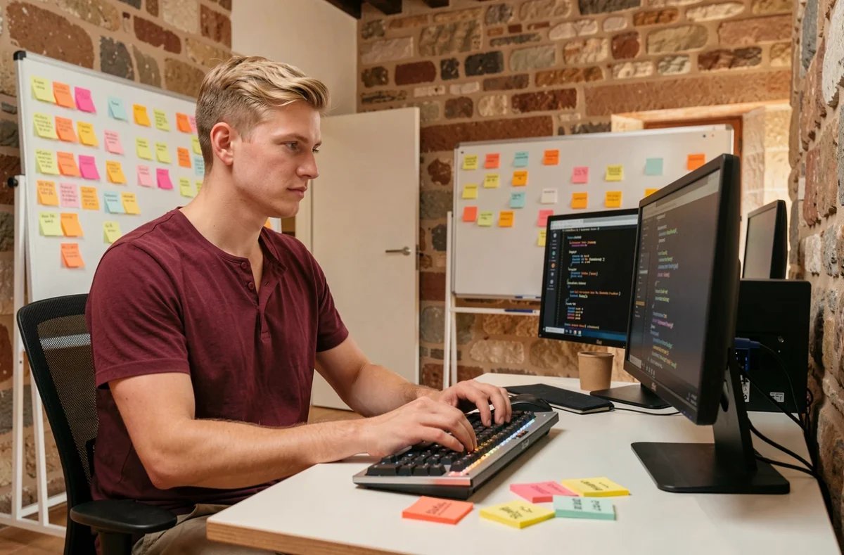 Étudiant développant une application web dans les locaux au style créatif de Coda Avignon