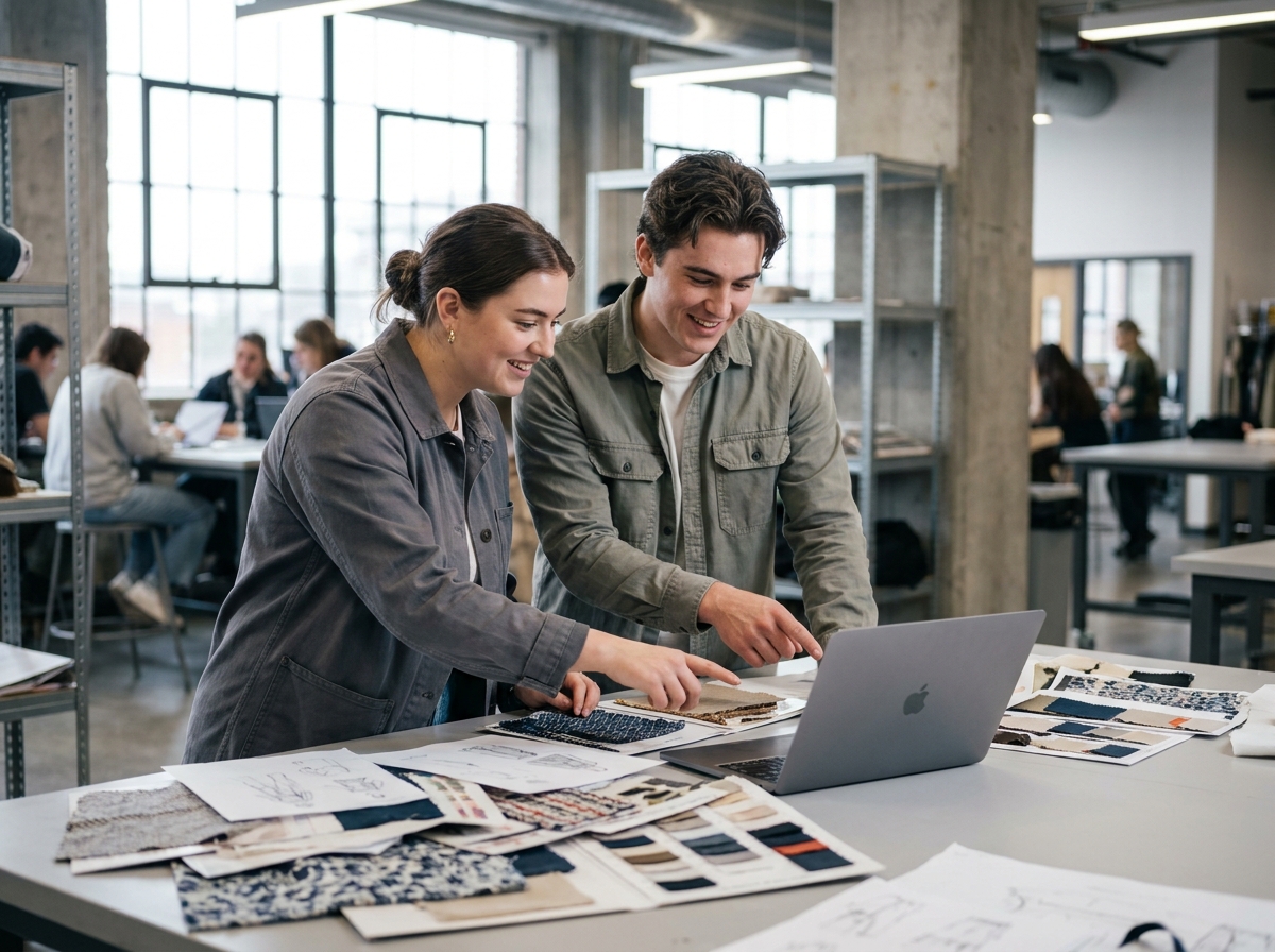 Deux étudiants en arts appliqués collaborant sur un projet de design textile dans un espace créatif moderne