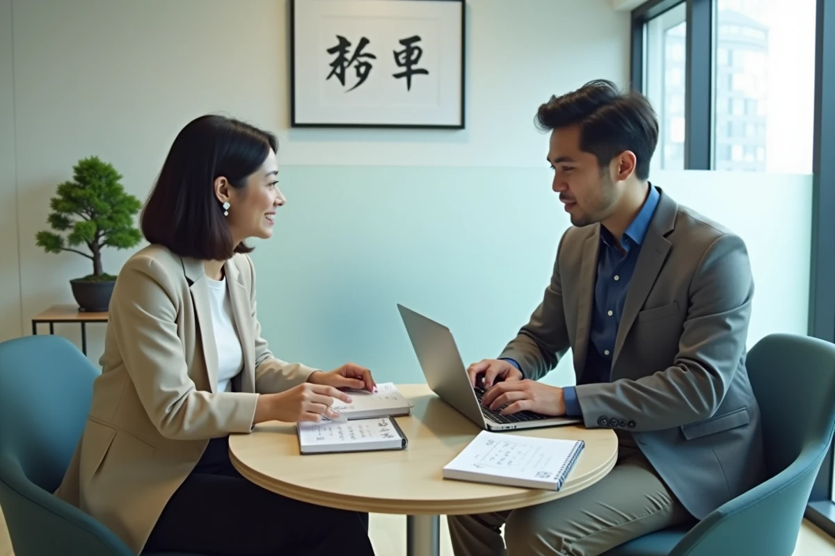 Deux collègues comparant des notes en japonais et en chinois dans une salle de pause de bureau moderne en Asie, pour choisir la bonne langue pour travailler à l'étranger