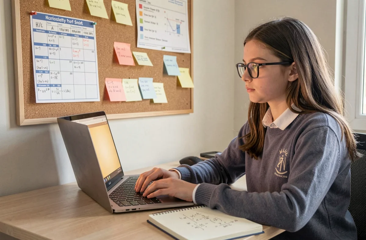 Élève en session de tutorat en ligne avec Complétude, prenant des notes de mathématiques à son bureau