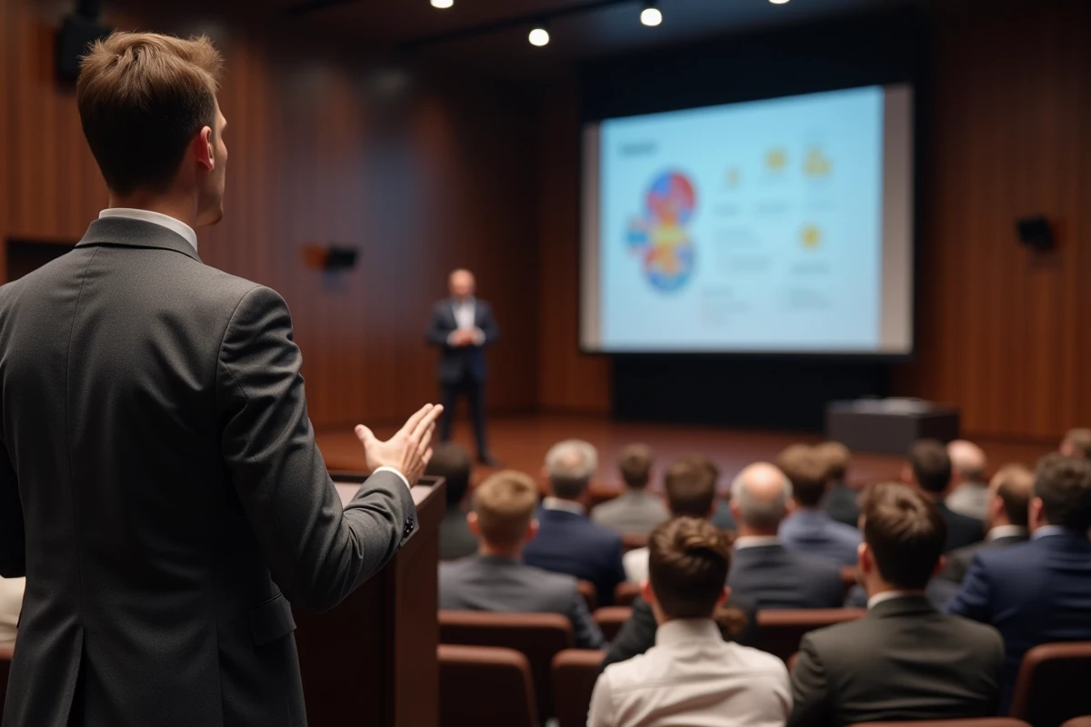 Conférencier masculin présentant sur scène lors d'une conférence de formation au digital à Paris devant un auditorium de professionnels