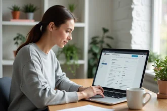 Femme configurant un logiciel de newsletter sur un ordinateur portable dans un bureau à domicile organisé