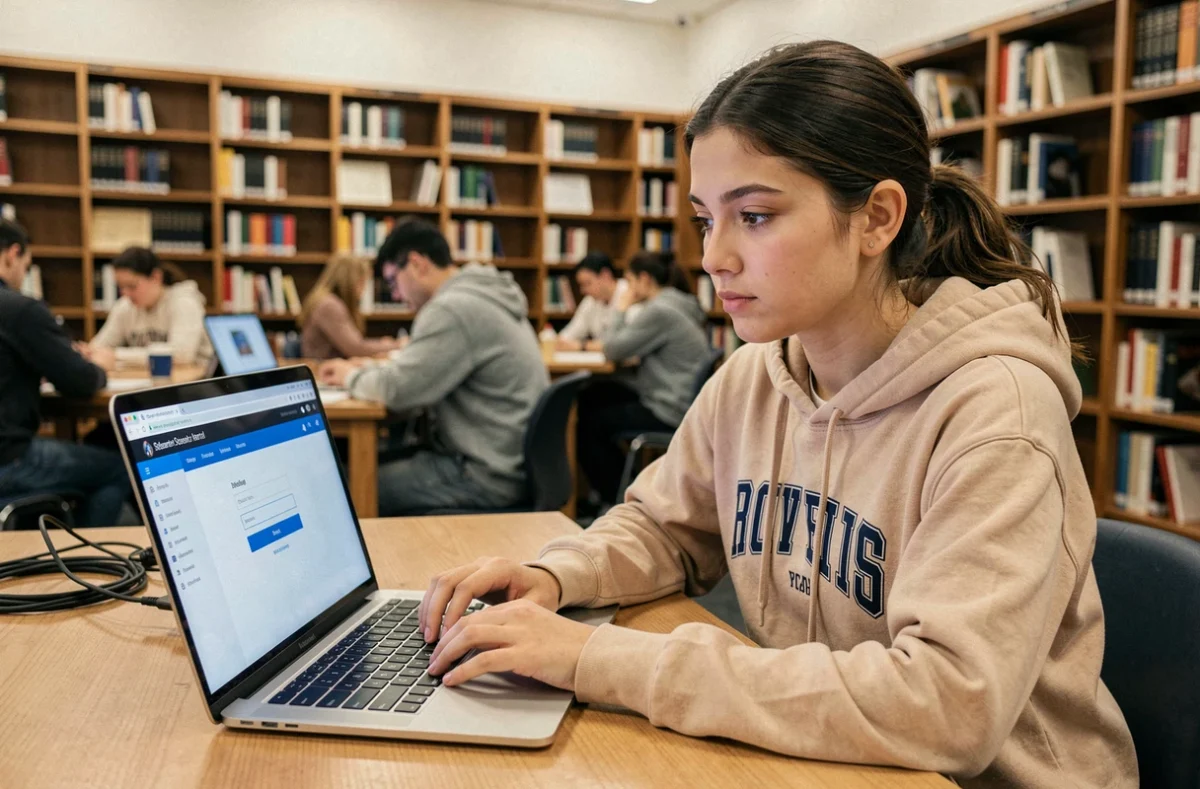 Étudiante connectée à l'ENT Sciences Po Bordeaux sur son ordinateur portable dans une bibliothèque universitaire
