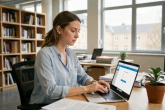 Étudiante connectée à l'espace numérique de l'académie de Grenoble sur un ordinateur portable dans un bureau universitaire