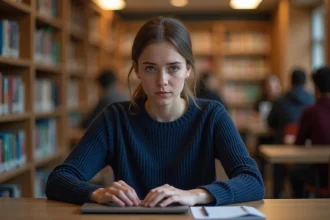 Étudiante connectée à un ENT sécurisé sur son ordinateur portable dans une bibliothèque universitaire